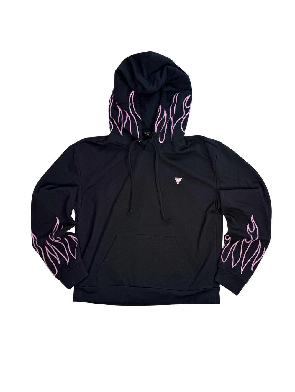 GUESS Black Hoodie Pink Flame Graphic Pullover Y2K XS
